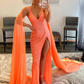 Orange V Neck Sequined Long Prom Dress with High Slit,DP1361