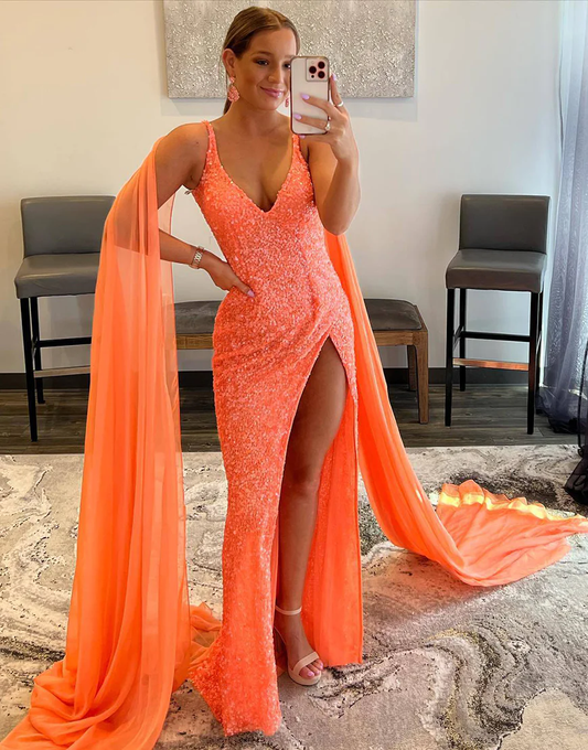 Orange V Neck Sequined Long Prom Dress with High Slit,DP1361