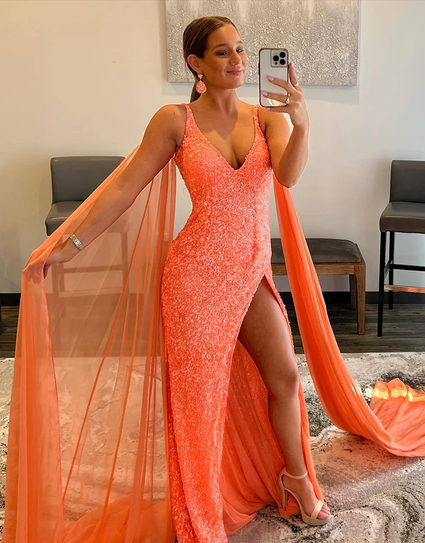 Orange V Neck Sequined Long Prom Dress with High Slit,DP1361