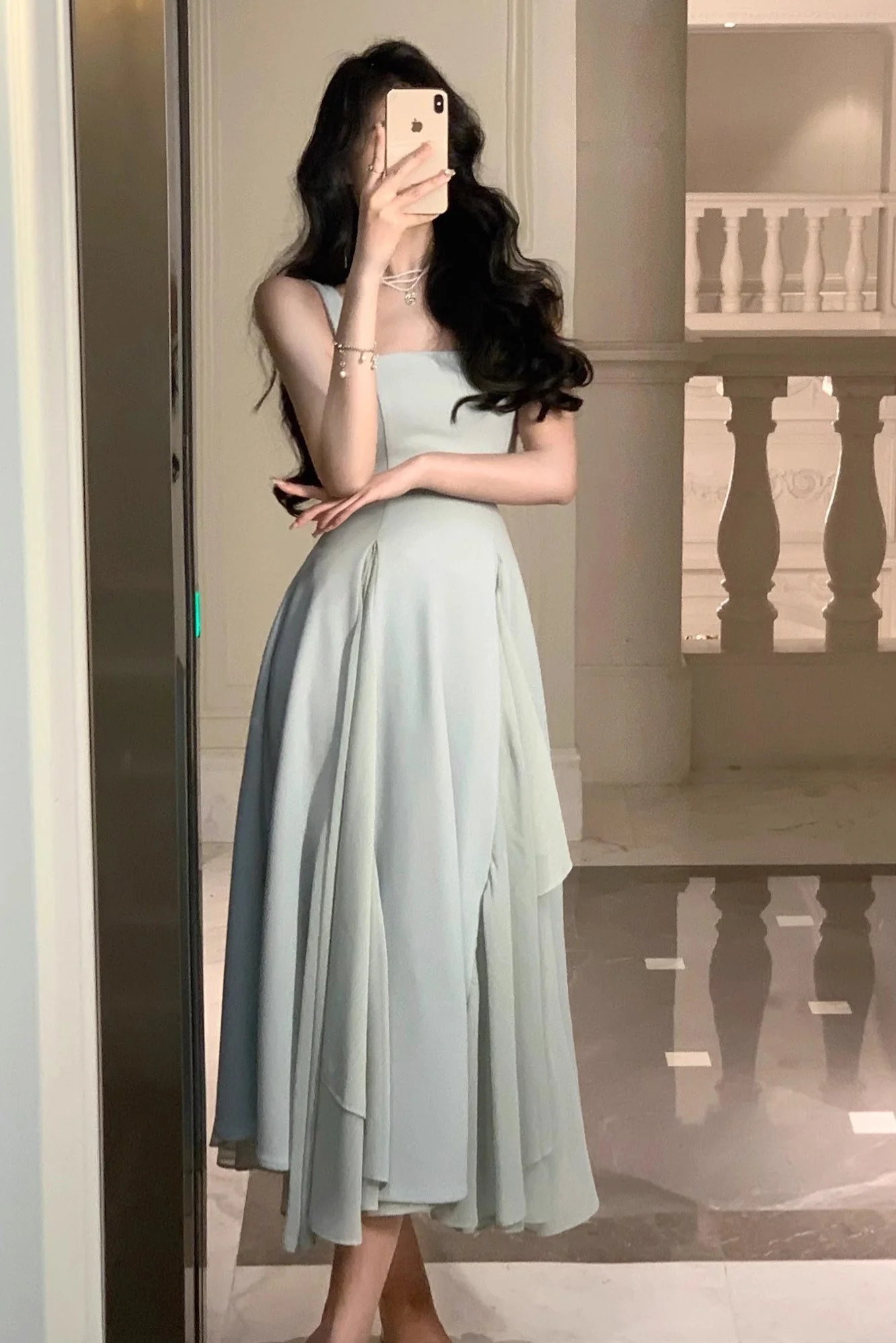 Elegant Ivory A-Line Square Neck Chiffon Ankle Length Prom Dress,DP1362