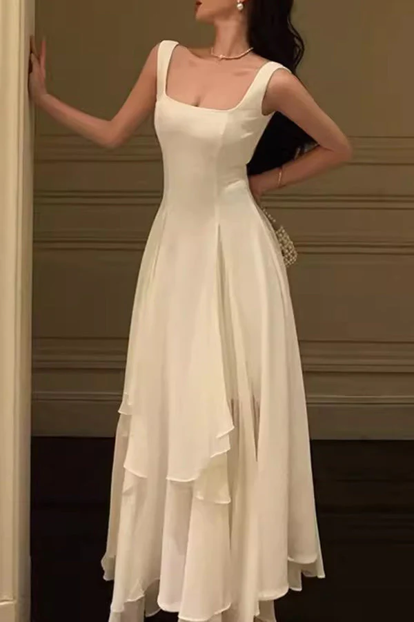 Elegant Ivory A-Line Square Neck Chiffon Ankle Length Prom Dress,DP1362