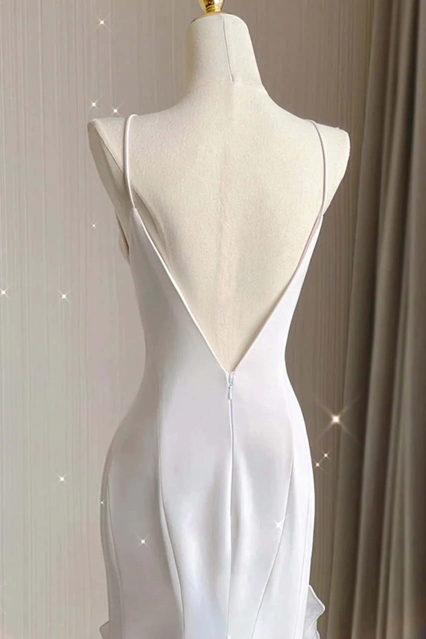 White Chiffon Sheath Backless Party Dress With Ruffles Long Prom Dress,DP1363