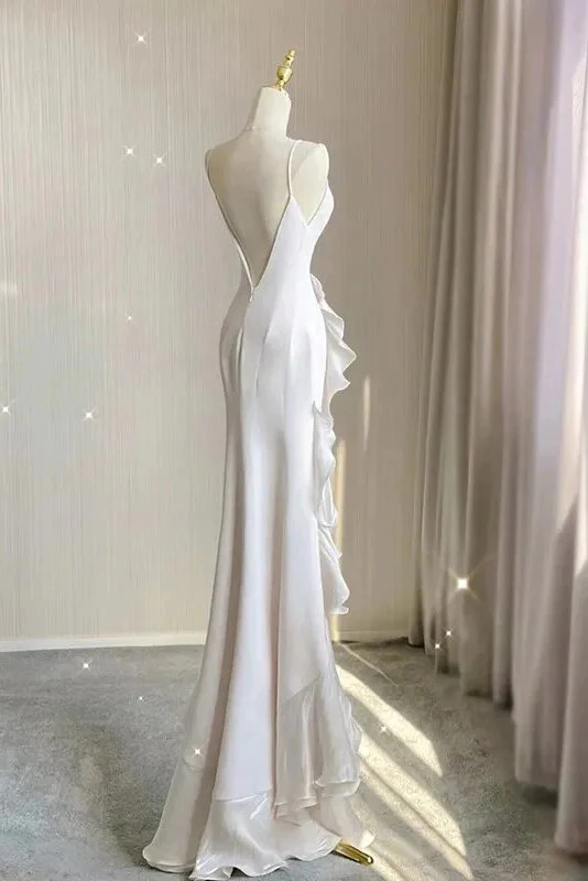 White Chiffon Sheath Backless Party Dress With Ruffles Long Prom Dress,DP1363