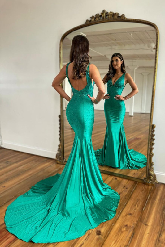 Green V Neck Backless Beads Mermaid Long Prom Dress,DP1365