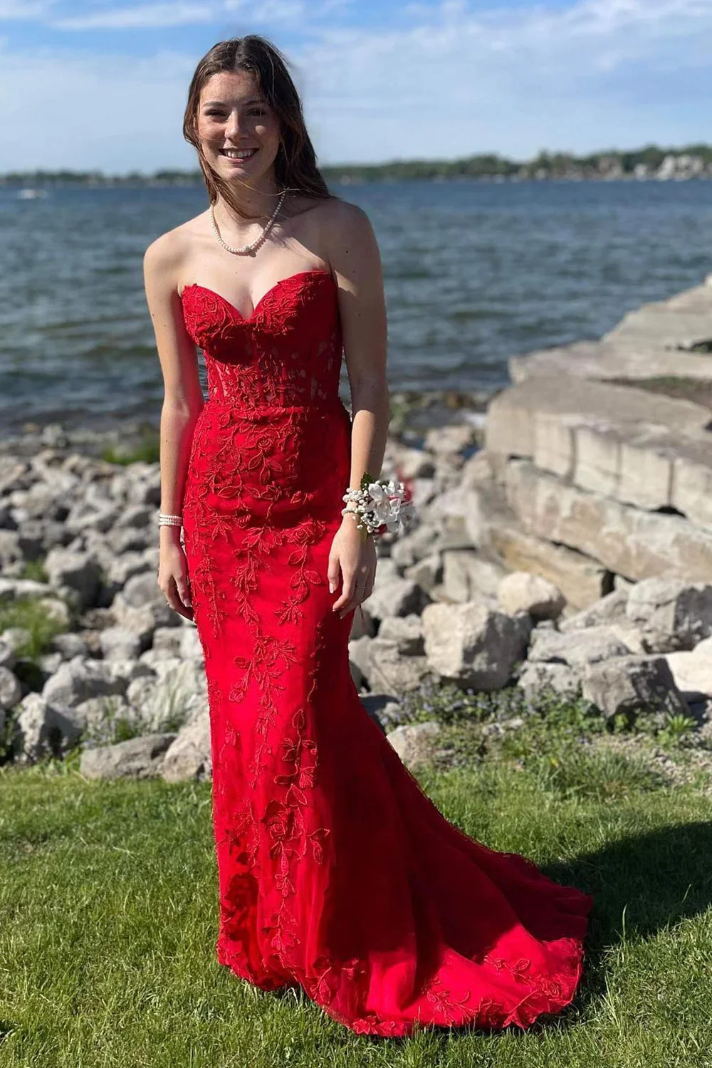 Red Sweetheart Lace Appliques Mermaid Long Prom Dress,DP1369