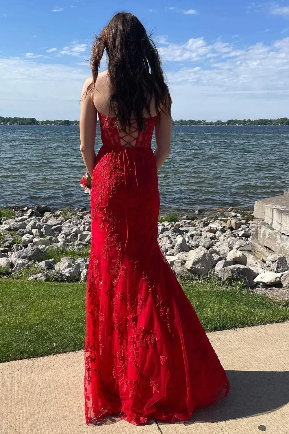 Red Sweetheart Lace Appliques Mermaid Long Prom Dress,DP1369