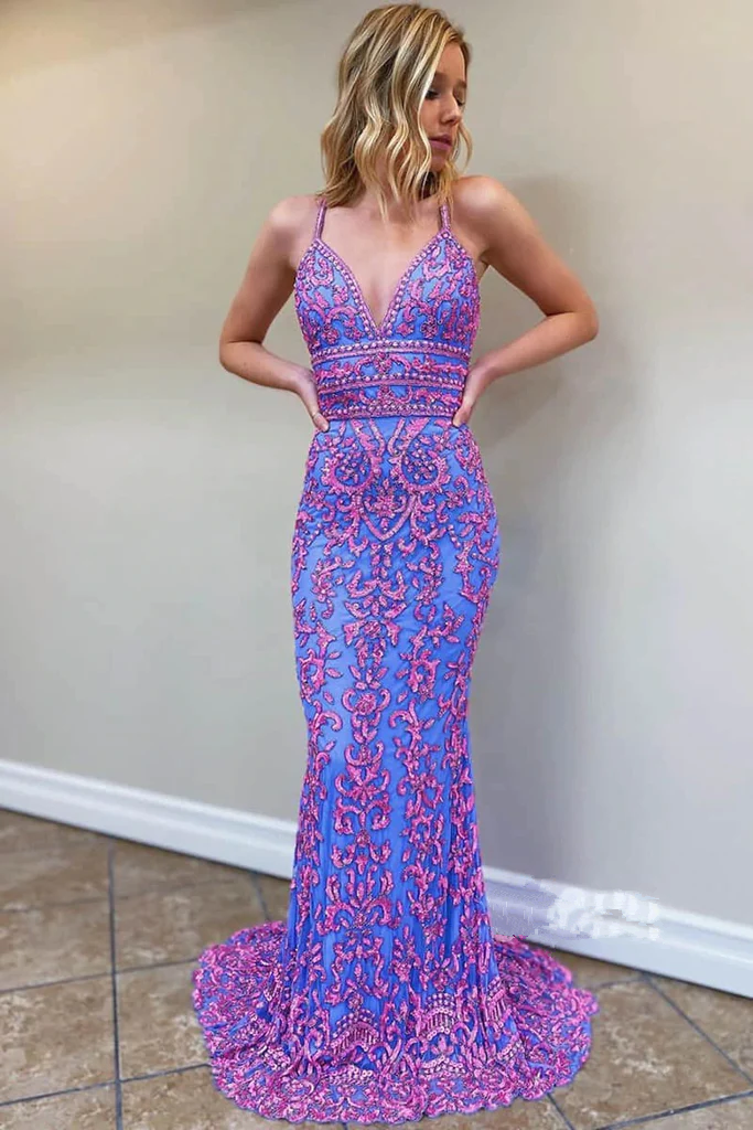 Purple V-Neck Appliques Straps Mermaid Long Prom Dress Formal Evening Dress,DP1370