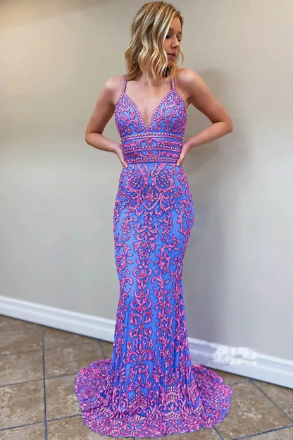 Purple V-Neck Appliques Straps Mermaid Long Prom Dress Formal Evening Dress,DP1370