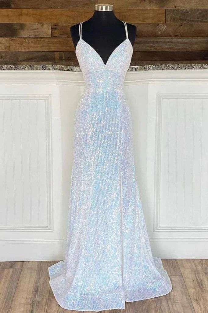 White V Neck Sequins A-Line Lace Up Back Long Prom Dress,DP1372