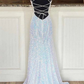 White V Neck Sequins A-Line Lace Up Back Long Prom Dress,DP1372