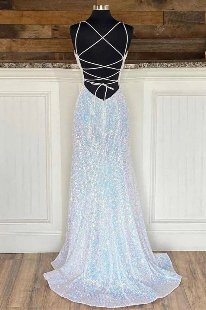 White V Neck Sequins A-Line Lace Up Back Long Prom Dress,DP1372