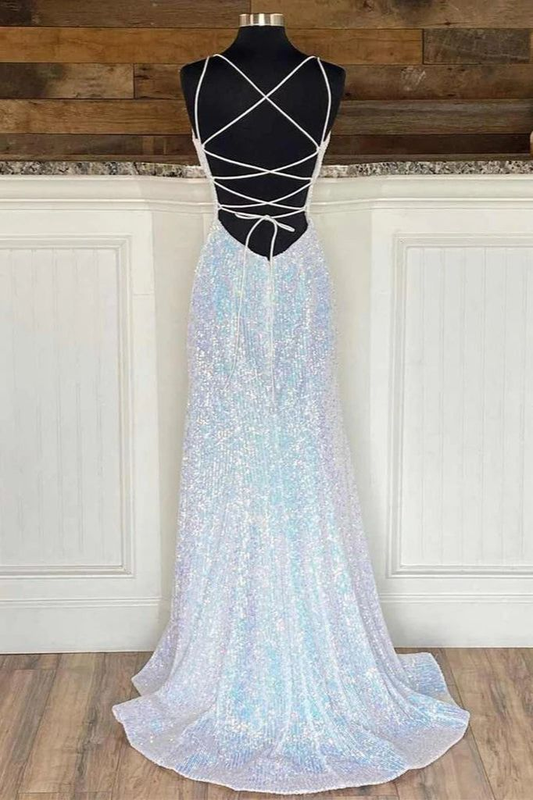 White V Neck Sequins A-Line Lace Up Back Long Prom Dress,DP1372