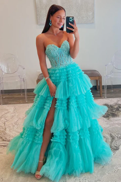 Mint Green A-Line Sweetheart Tulle Tiered Long Prom Dress with Appliques,DP1374