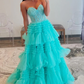 Mint Green A-Line Sweetheart Tulle Tiered Long Prom Dress with Appliques,DP1374