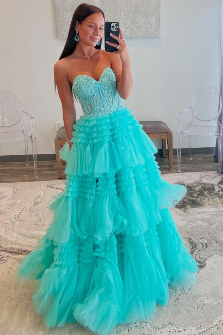 Mint Green A-Line Sweetheart Tulle Tiered Long Prom Dress with Appliques,DP1374