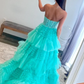 Mint Green A-Line Sweetheart Tulle Tiered Long Prom Dress with Appliques,DP1374