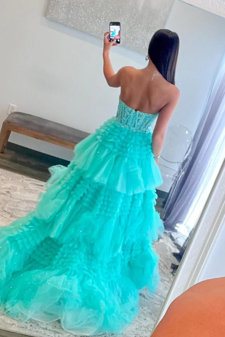 Mint Green A-Line Sweetheart Tulle Tiered Long Prom Dress with Appliques,DP1374