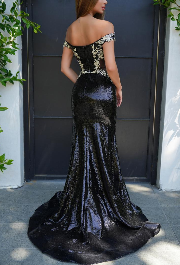 Charming Black Off the Shoulder Sequins Mermaid Long Prom Dress with Appliques,DP1375