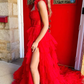 Cute Red A-Line Sweetheart Tulle Tiered Long Prom Dress with Slit,DP1376