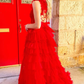 Cute Red A-Line Sweetheart Tulle Tiered Long Prom Dress with Slit,DP1376