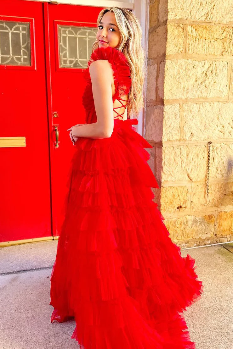 Cute Red A-Line Sweetheart Tulle Tiered Long Prom Dress with Slit,DP1376