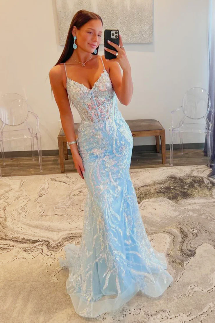 Light Blue V Neck Tulle Sequins Mermaid Long Prom Dress,DP1377