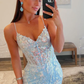 Light Blue V Neck Tulle Sequins Mermaid Long Prom Dress,DP1377