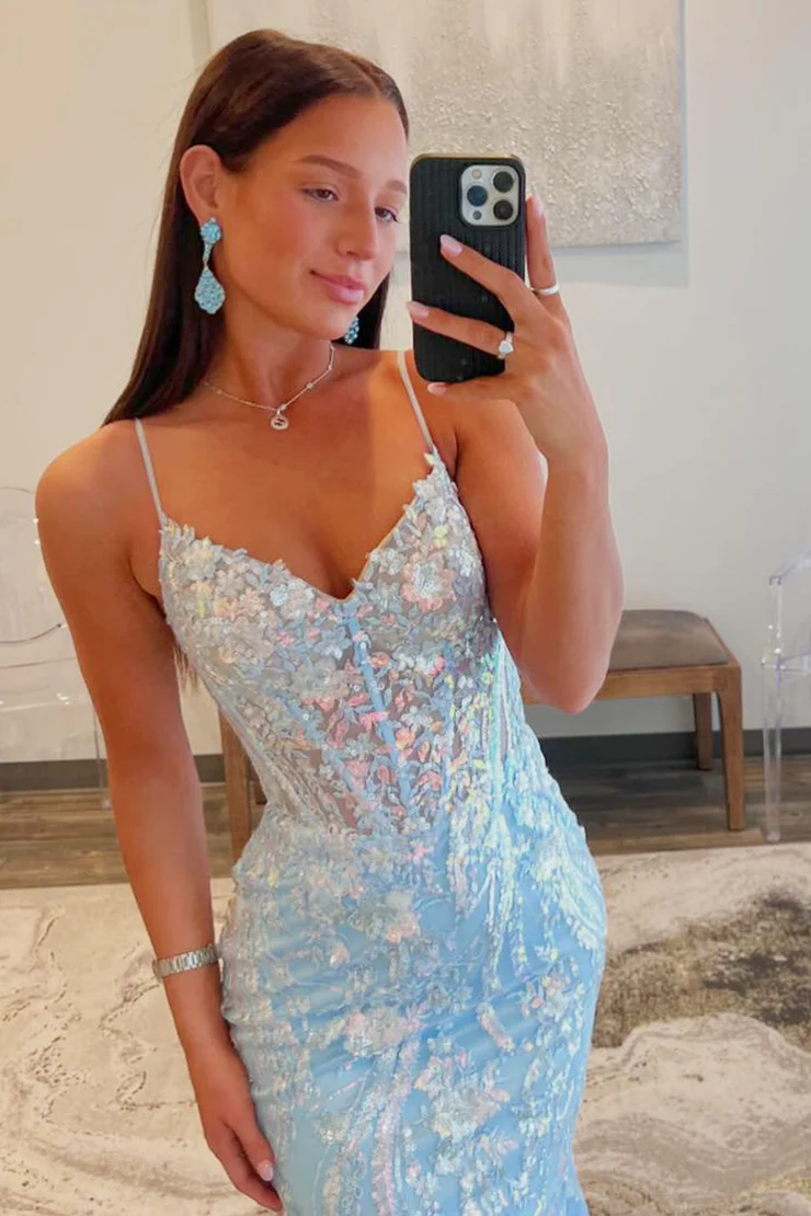 Light Blue V Neck Tulle Sequins Mermaid Long Prom Dress,DP1377