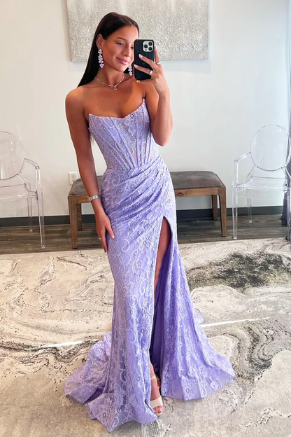 Lavender Scoop Neck Lace Strapless Mermaid Long Prom Dress with Slit,DP1378