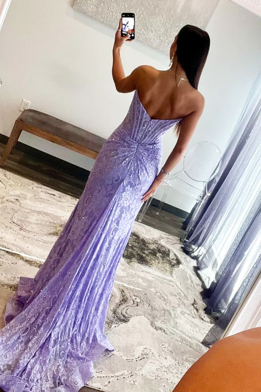 Lavender Scoop Neck Lace Strapless Mermaid Long Prom Dress with Slit,DP1378