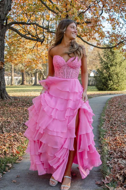 Hot Pink A-Line Sweetheart Chiffon Tiered Long Prom Dresses with Appliques,DP1381