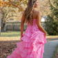 Hot Pink A-Line Sweetheart Chiffon Tiered Long Prom Dresses with Appliques,DP1381