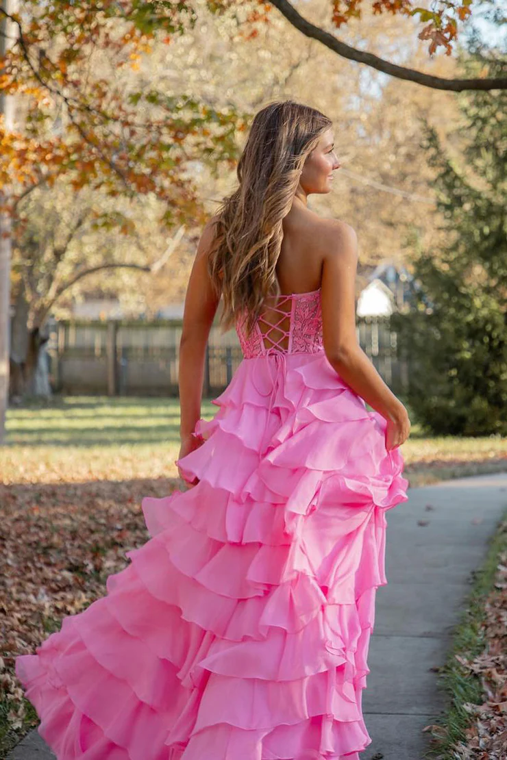 Hot Pink A-Line Sweetheart Chiffon Tiered Long Prom Dresses with Appliques,DP1381