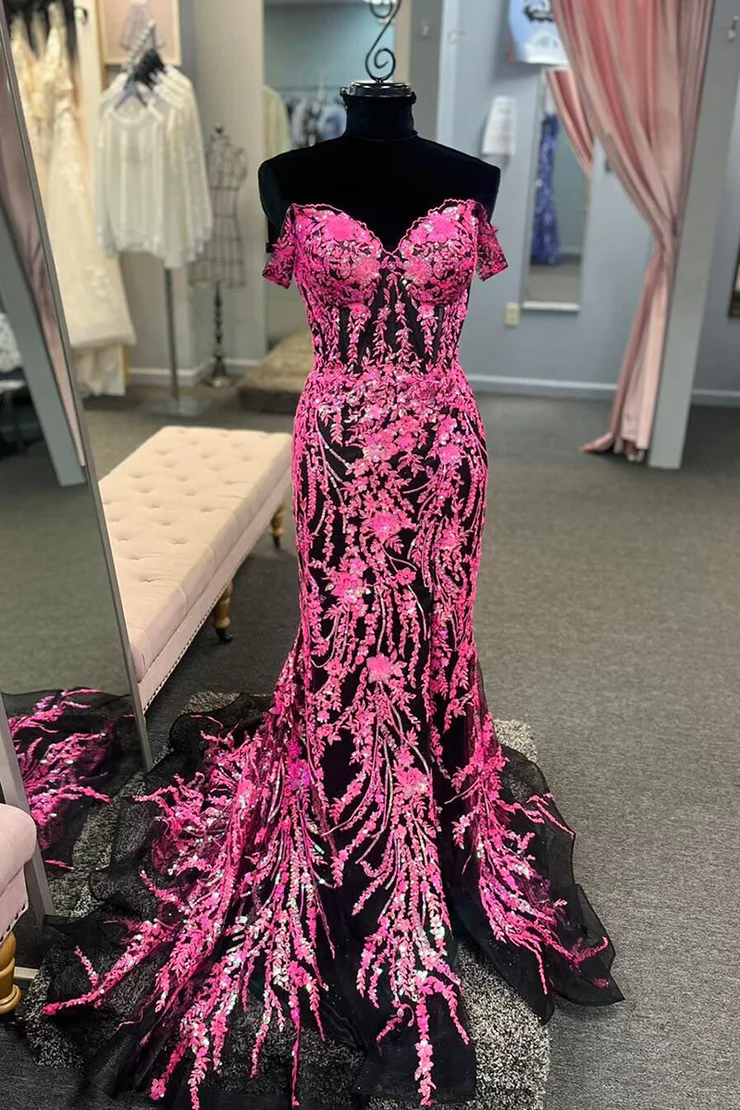 Charming Fuchsia Black Off the Shoulder Mermaid Long Prom Dress ,DP1383