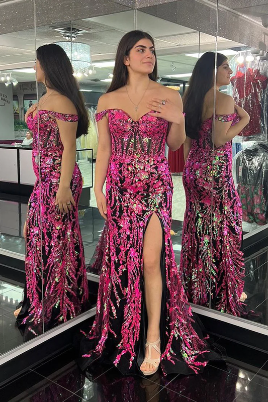 Charming Fuchsia Black Off the Shoulder Mermaid Long Prom Dress ,DP1383