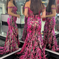 Charming Fuchsia Black Off the Shoulder Mermaid Long Prom Dress ,DP1383