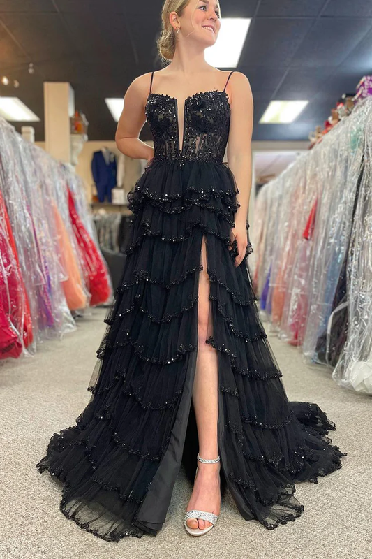 Black A-Line V Neck Tulle Tiered Long Prom Dress with Beading,DP1384