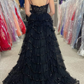 Black A-Line V Neck Tulle Tiered Long Prom Dress with Beading,DP1384