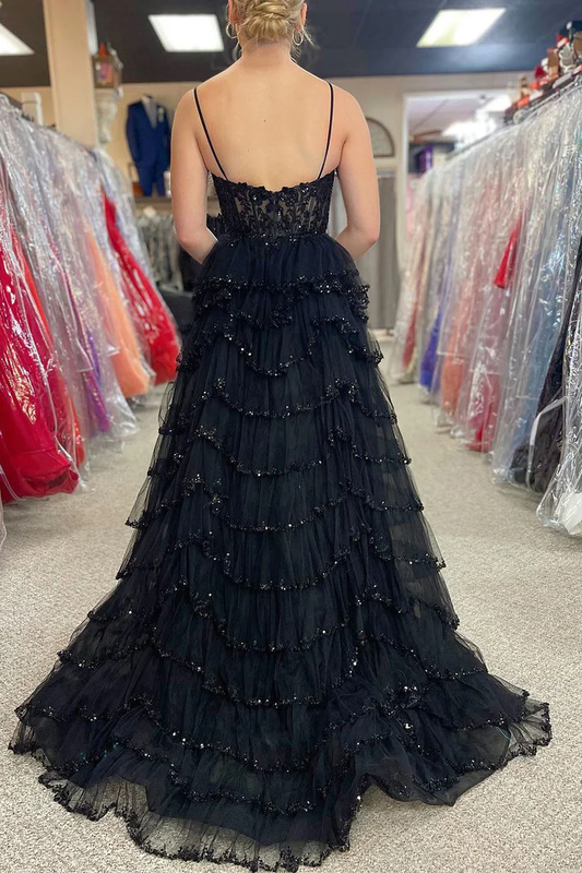 Black A-Line V Neck Tulle Tiered Long Prom Dress with Beading,DP1384