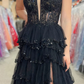 Black A-Line V Neck Tulle Tiered Long Prom Dress with Beading,DP1384