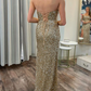 Gold Mermaid Strapless Sequins Long Prom Dress with Slit,DP1385