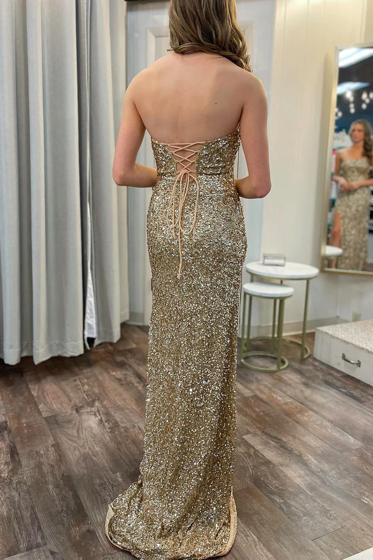 Gold Mermaid Strapless Sequins Long Prom Dress with Slit,DP1385