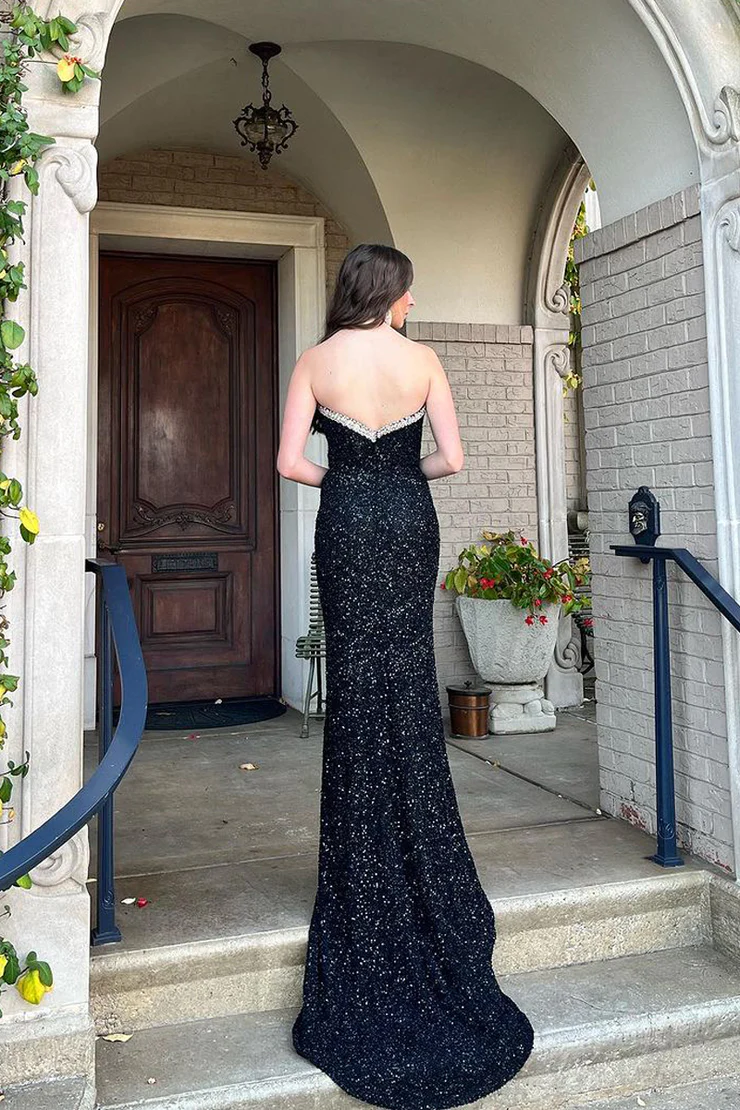 Black Deep V Neck Sequins Mermaid Long Prom Dress with Beading,DP1386