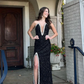 Black Deep V Neck Sequins Mermaid Long Prom Dress with Beading,DP1386