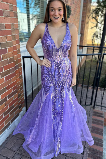 Lavender V Neck Tulle Sequins Backless Mermaid Long Prom Dress,DP1390