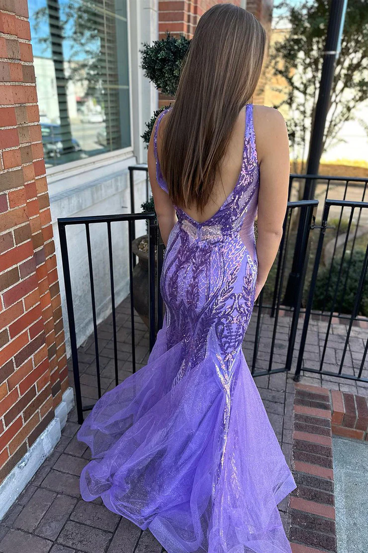 Lavender V Neck Tulle Sequins Backless Mermaid Long Prom Dress,DP1390