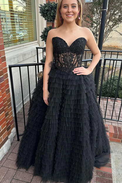 Black Sweetheart A-Line Tulle Tiered Ball Gown Long Prom Dress with Appliques,DP1391