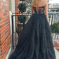 Black Sweetheart A-Line Tulle Tiered Ball Gown Long Prom Dress with Appliques,DP1391