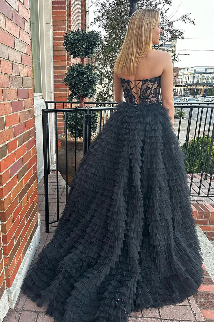 Black Sweetheart A-Line Tulle Tiered Ball Gown Long Prom Dress with Appliques,DP1391