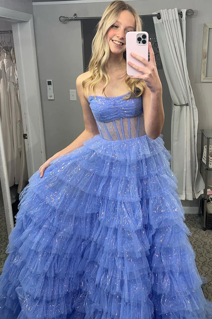 Cute Blue Sparkly Sweetheart Tulle Layers Ball Gown Long Prom Dress,DP1392